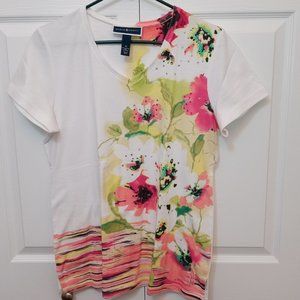 Karen Scott Floral & Rhinestone Decorated Tee Shirt, Medium